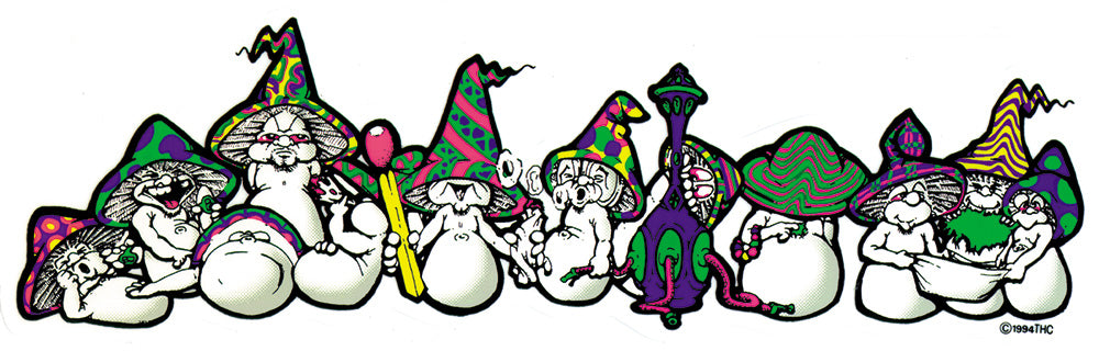 THC Mushrooms sticker with long horizontal lineup of psychedelic mushroom characters in colorful designs