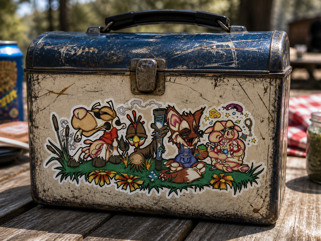 THC Farm sticker placed on scratched vintage metal lunchbox at outdoor picnic table