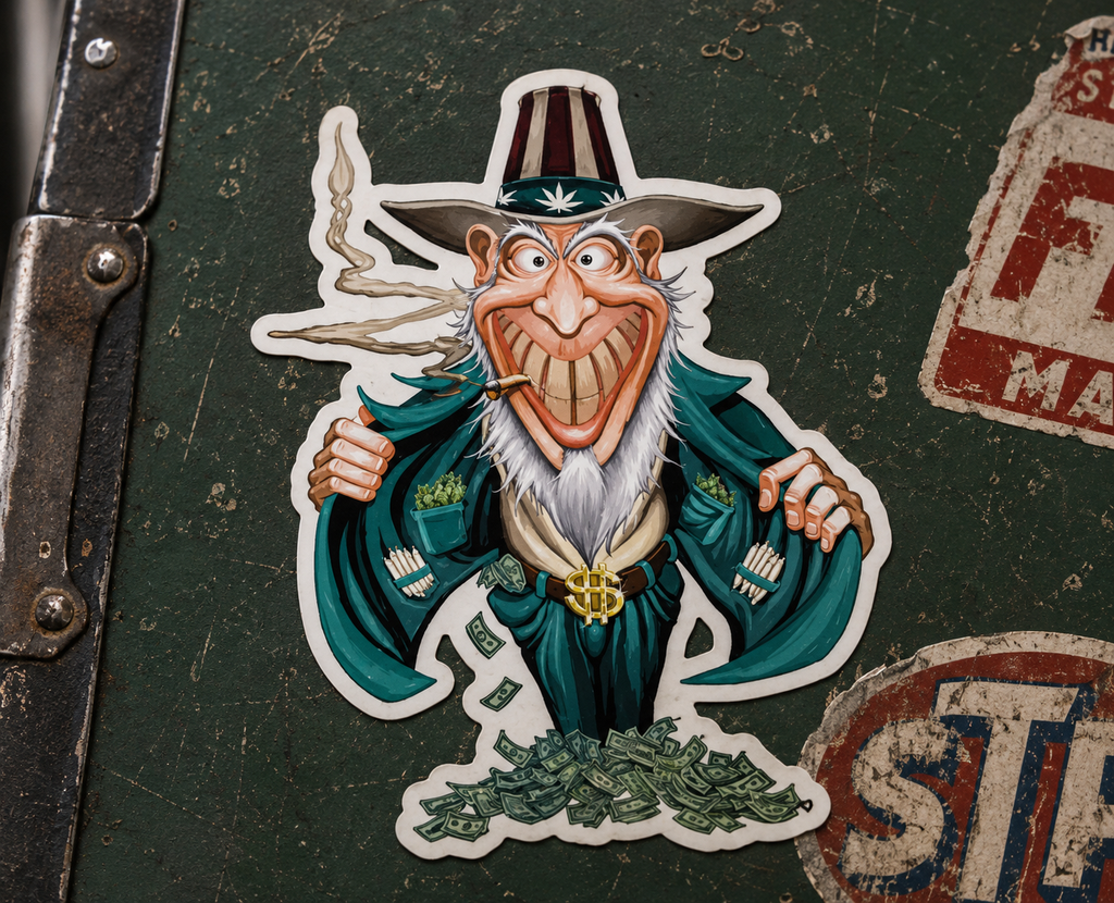 THC Uncle Sam sticker on worn guitar case with vintage Americana roadside backdrop