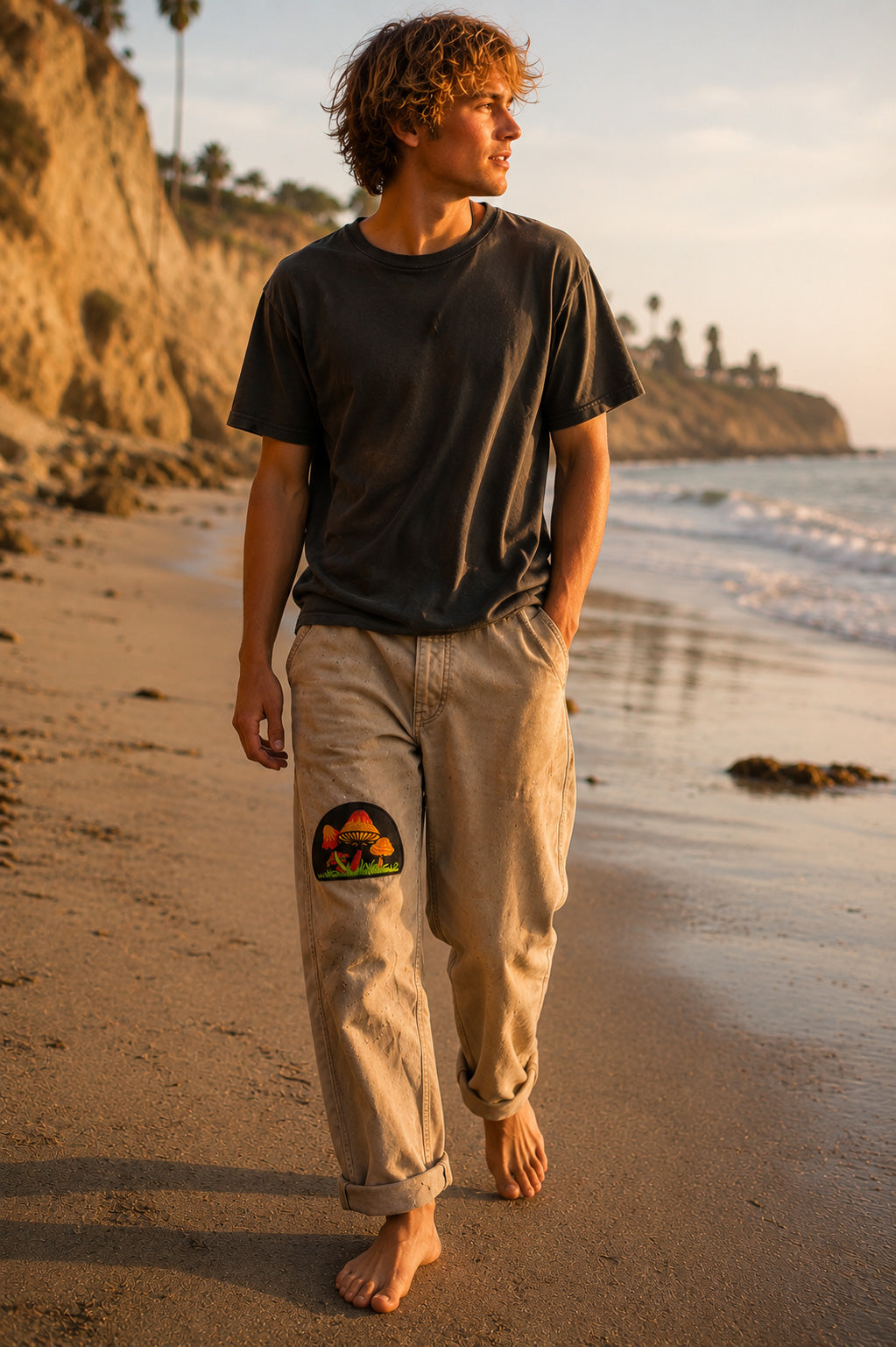 THC Shrooms at Night Patch displayed on the right thigh of well-worn tan canvas pants worn by a barefoot California beachgoer, featuring colorful embroidered mushrooms on a black half-circle background