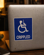 THC Crippled sticker with blue disabled symbol parody and bold white text graphic