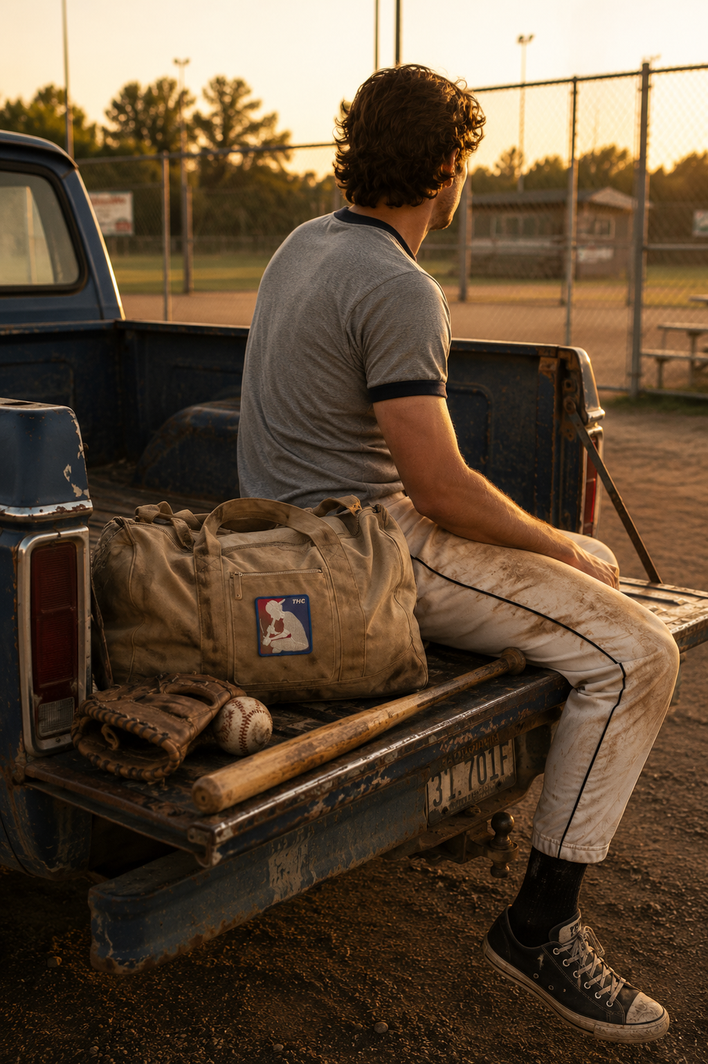 THC Basehit Patch displayed on the back pocket of dusty vintage baseball pants worn by a young man sitting on the tailgate of a weathered pickup beside a local baseball field featuring a red, white, and blue embroidered vintage baseball-inspired parody graphic