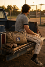 THC Basehit Patch displayed on the back pocket of dusty vintage baseball pants worn by a young man sitting on the tailgate of a weathered pickup beside a local baseball field featuring a red, white, and blue embroidered vintage baseball-inspired parody graphic