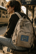 THC Europaz Patch displayed on the front pocket of a weathered light gray canvas backpack carried by a young traveler at a European train station, featuring a blue embroidered flag design with gold cannabis leaves stitched directly into the fabric