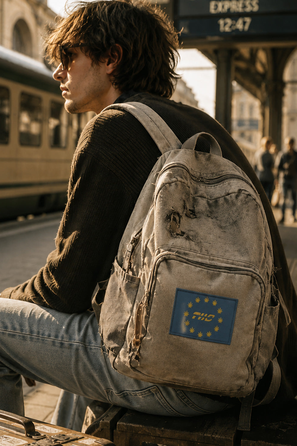 THC Europaz Patch displayed on the front pocket of a weathered light gray canvas backpack carried by a young traveler at a European train station, featuring a blue embroidered flag design with gold cannabis leaves stitched directly into the fabric