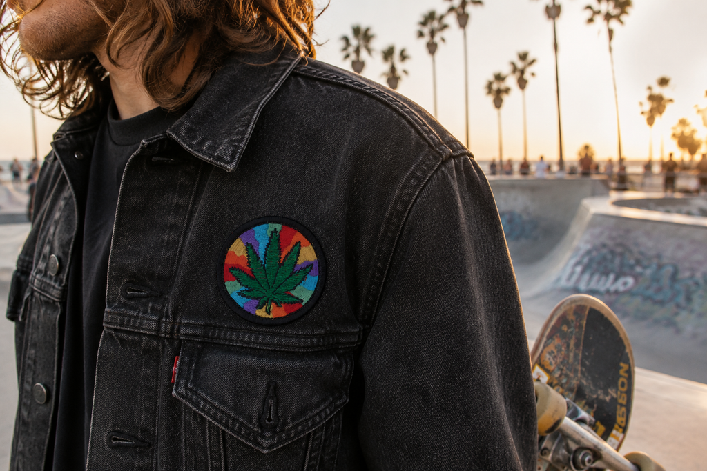 THC Rainbow Leaf embroidered patch with green cannabis leaf over psychedelic rainbow swirl background on black border