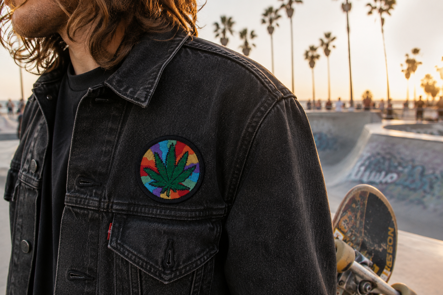 THC Rainbow Leaf embroidered patch with green cannabis leaf over psychedelic rainbow swirl background on black border