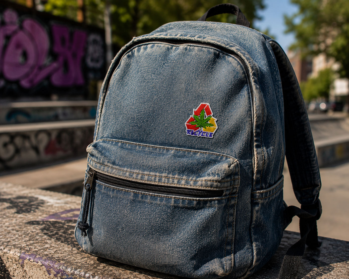 THC Recycle Leaf patch sewn onto faded denim backpack with outdoor urban setting