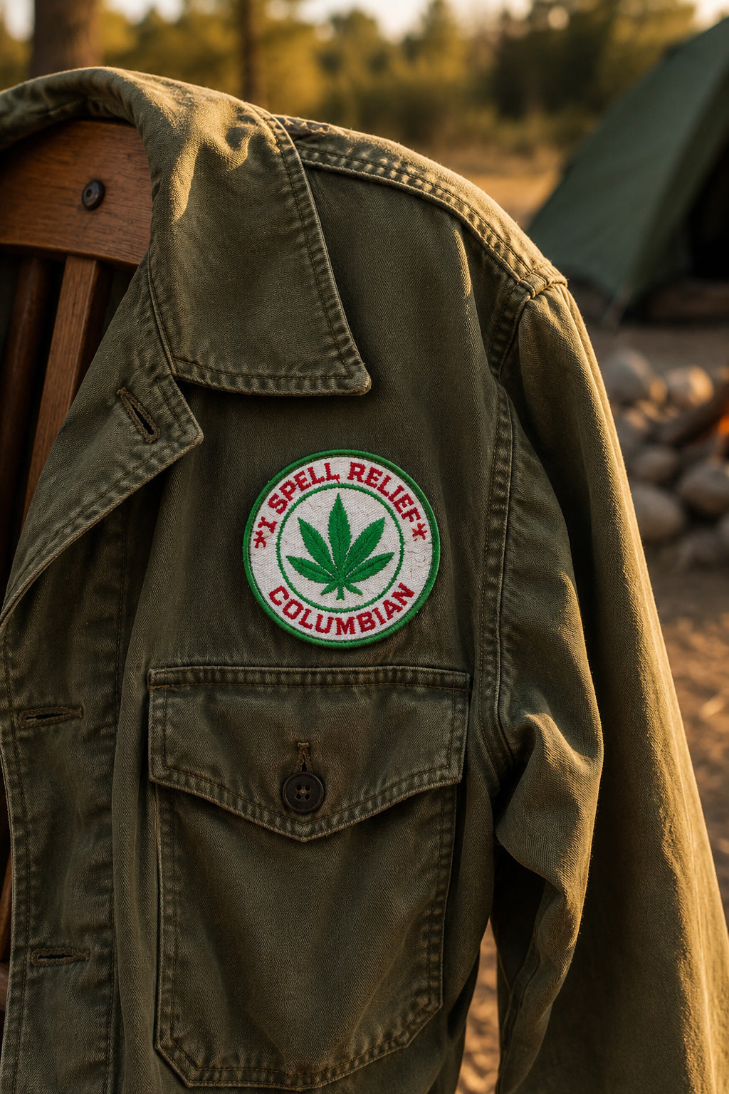 THC Columbian Patch featuring a green cannabis leaf and red embroidered lettering displayed on the chest of a vintage olive-green field jacket outdoors