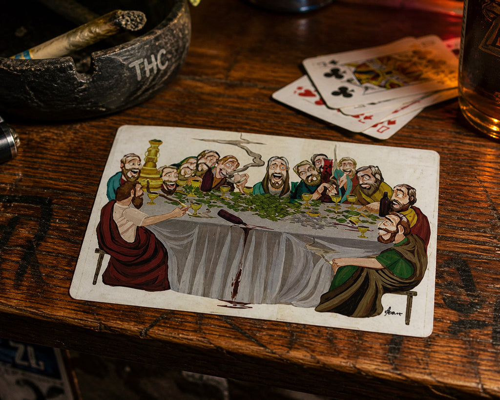 THC Last Session sticker placed on worn wooden bar table with scattered cards and ambient lighting