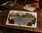 THC Last Session sticker placed on worn wooden bar table with scattered cards and ambient lighting