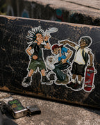 THC After School sticker placed on scratched skateboard deck with worn grip tape and street pavement background