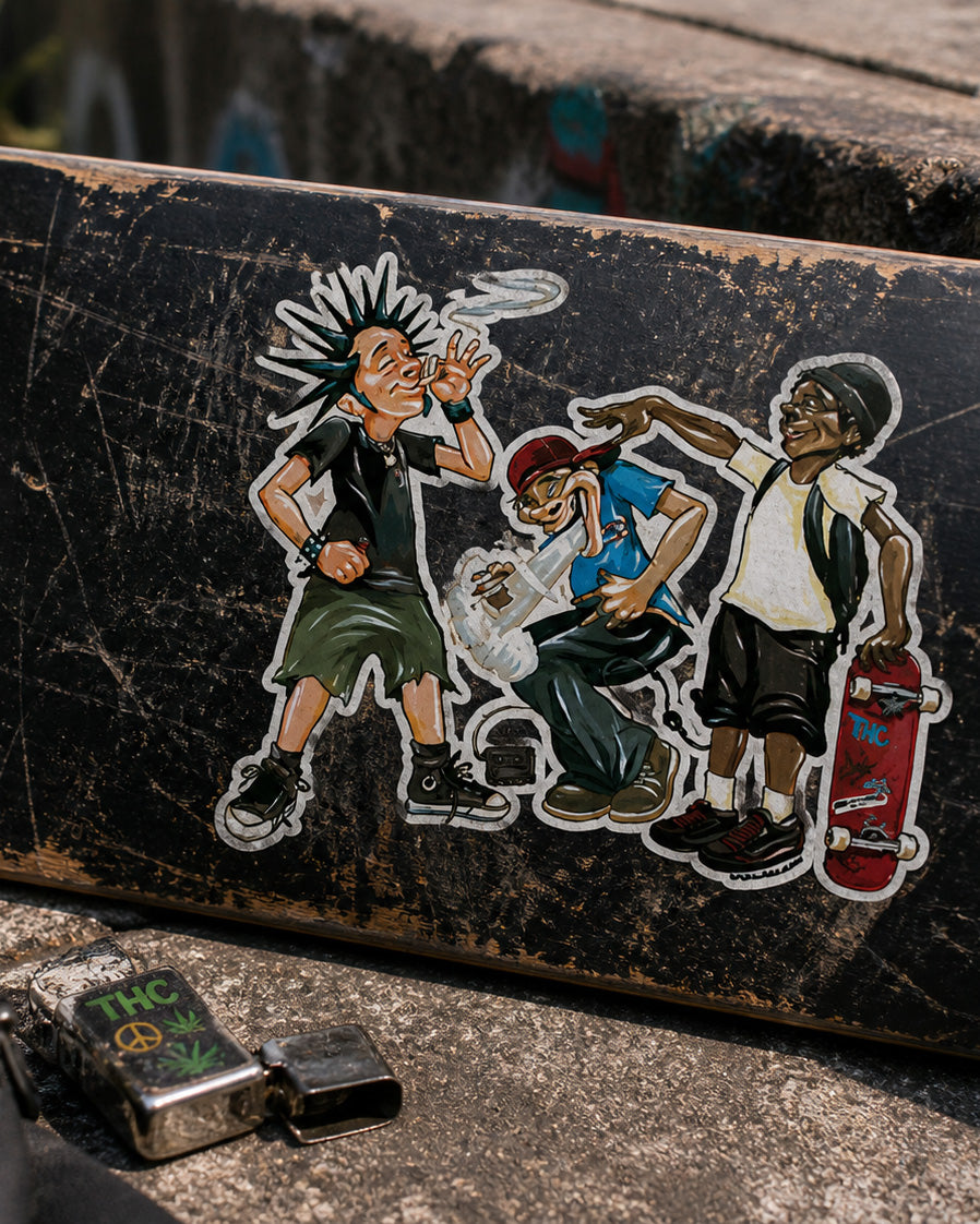 THC After School sticker placed on scratched skateboard deck with worn grip tape and street pavement background