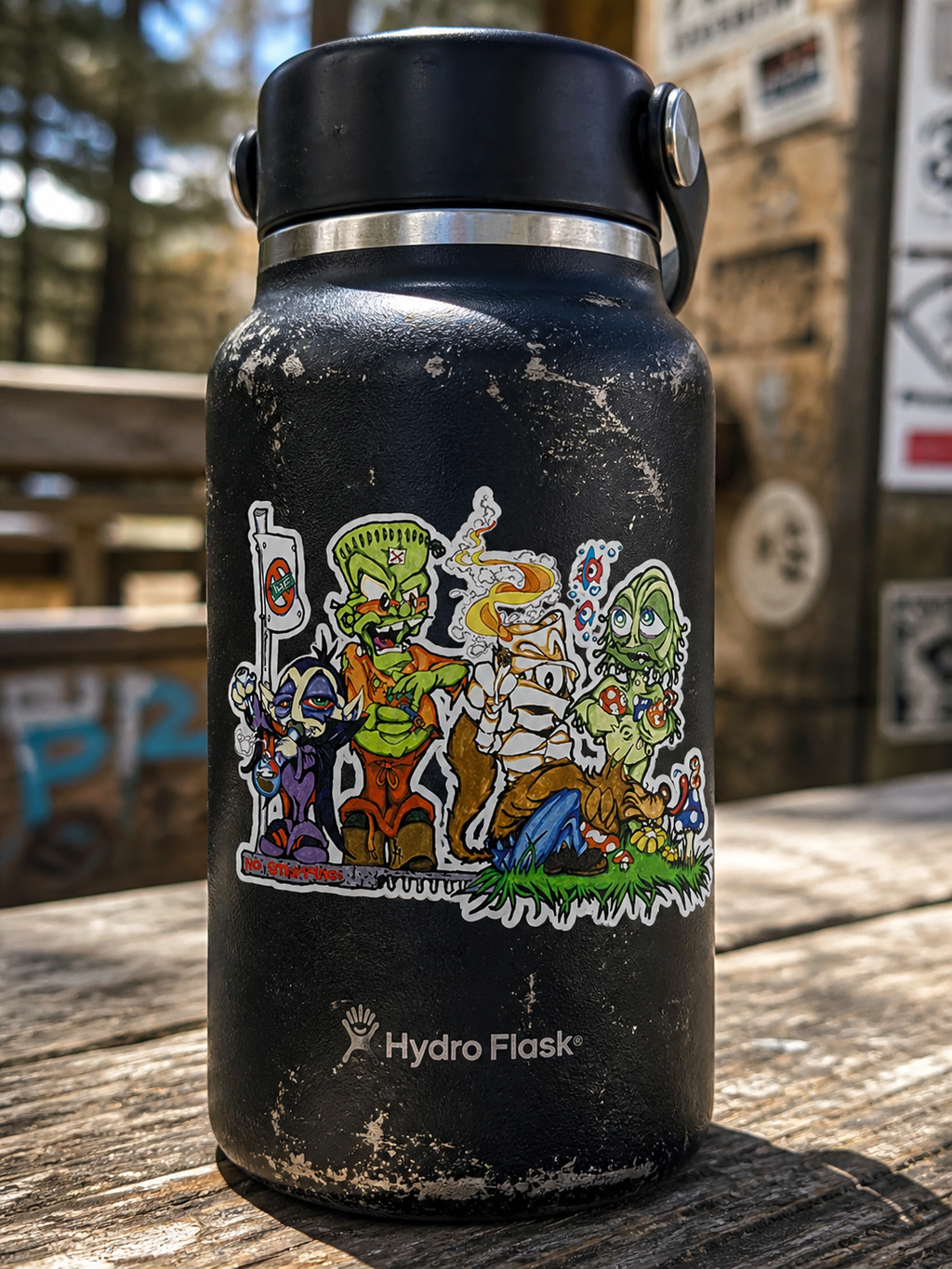 THC Monsters sticker displayed on scratched metal utility box covered in layered street art and graffiti