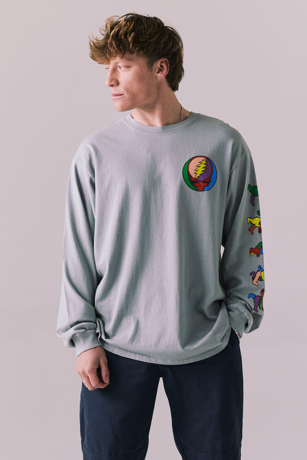 Grateful Dead Stealie Long Sleeve – Silver Grey Rainbow Skull Graphic Tee
