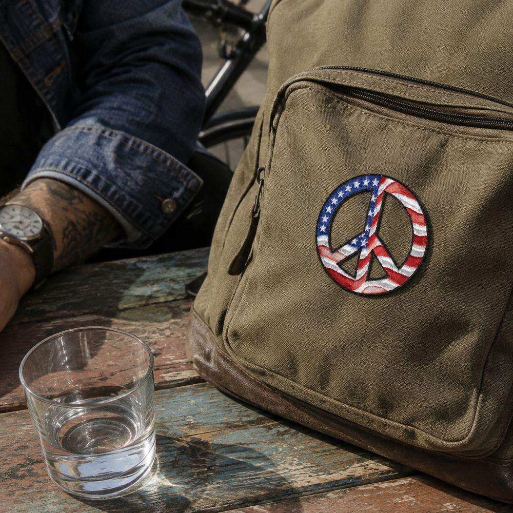 Fun USA Peace Sign Patch shown in a street-style lifestyle setting