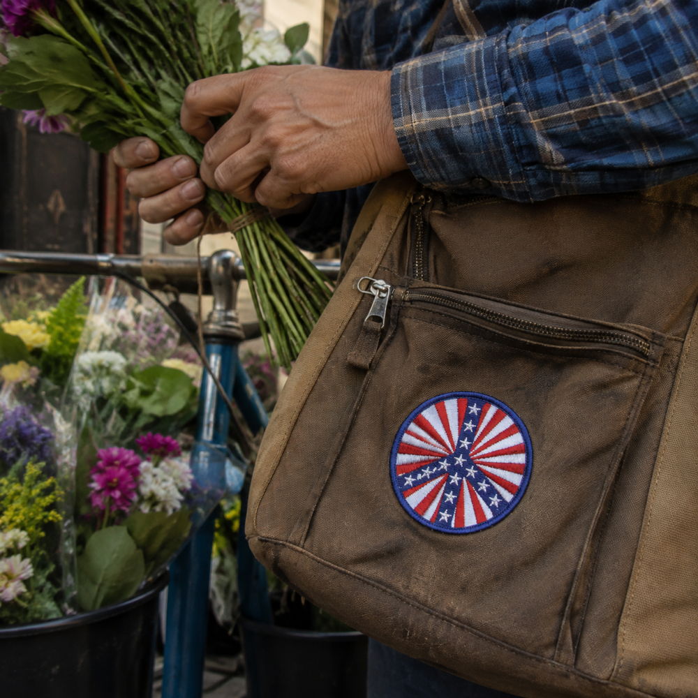 Fun USA Spiral Peace Sign Patch shown in a street-style lifestyle setting