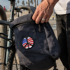 Fun USA Flag Peace Sign Patch shown in a street-style lifestyle setting