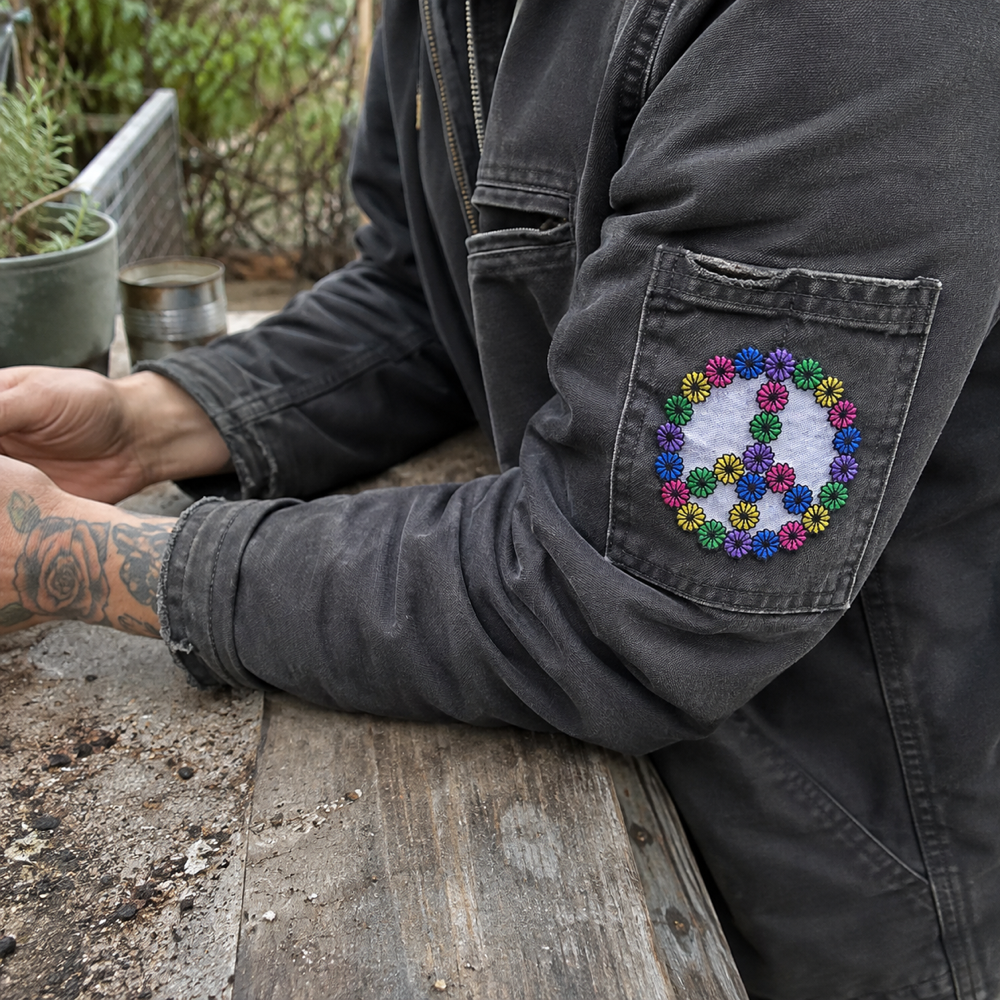 Fun Flower Peace Sign Patch shown in a street-style lifestyle setting