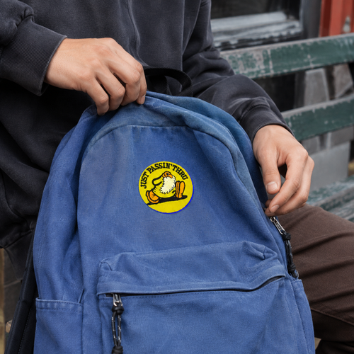 Fun Just Passin Thru Patch shown in a street-style lifestyle setting