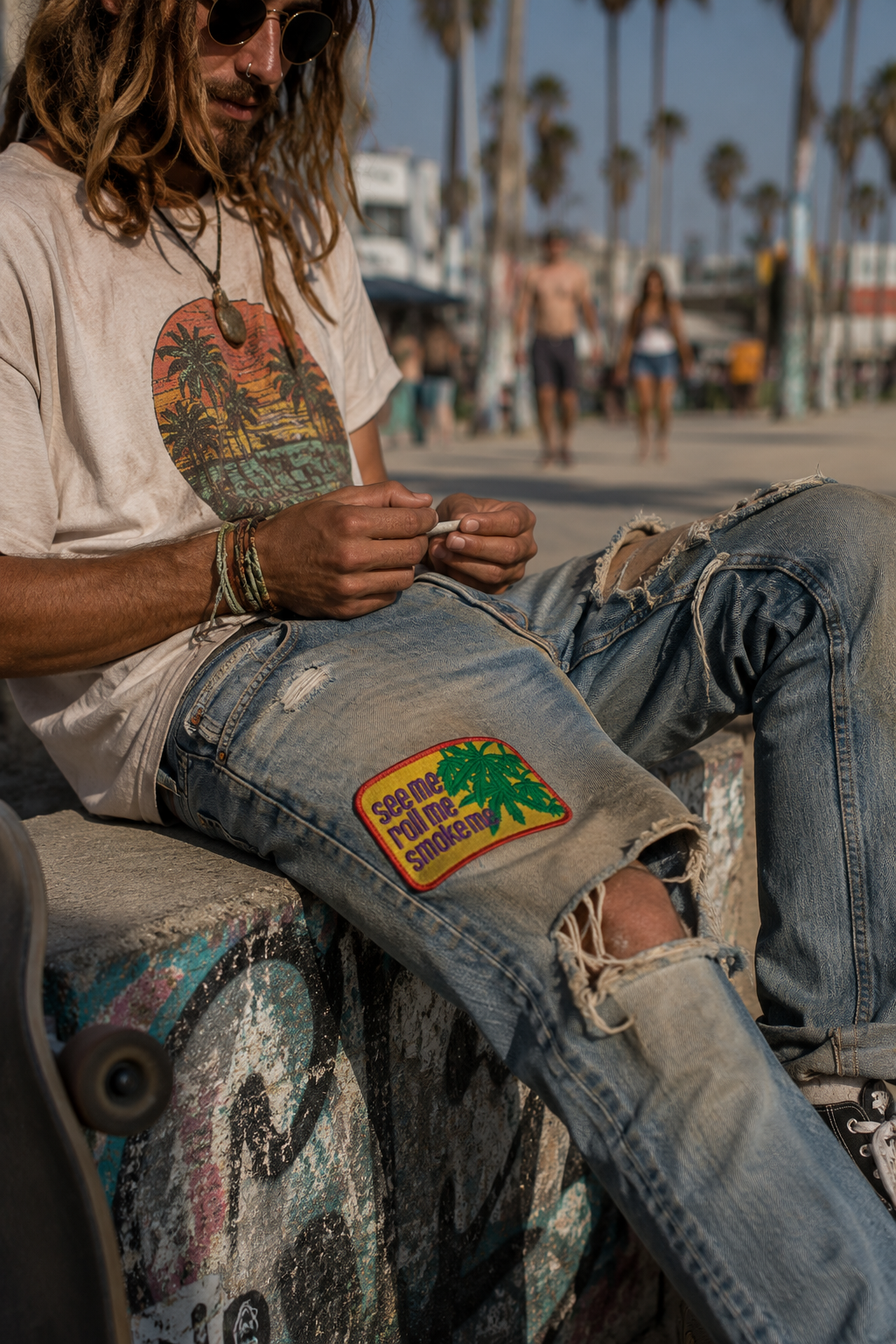 THC See Me Patch displayed on the thigh of distressed denim jeans worn at Venice Beach, featuring retro embroidered lettering with vibrant cannabis leaf artwork