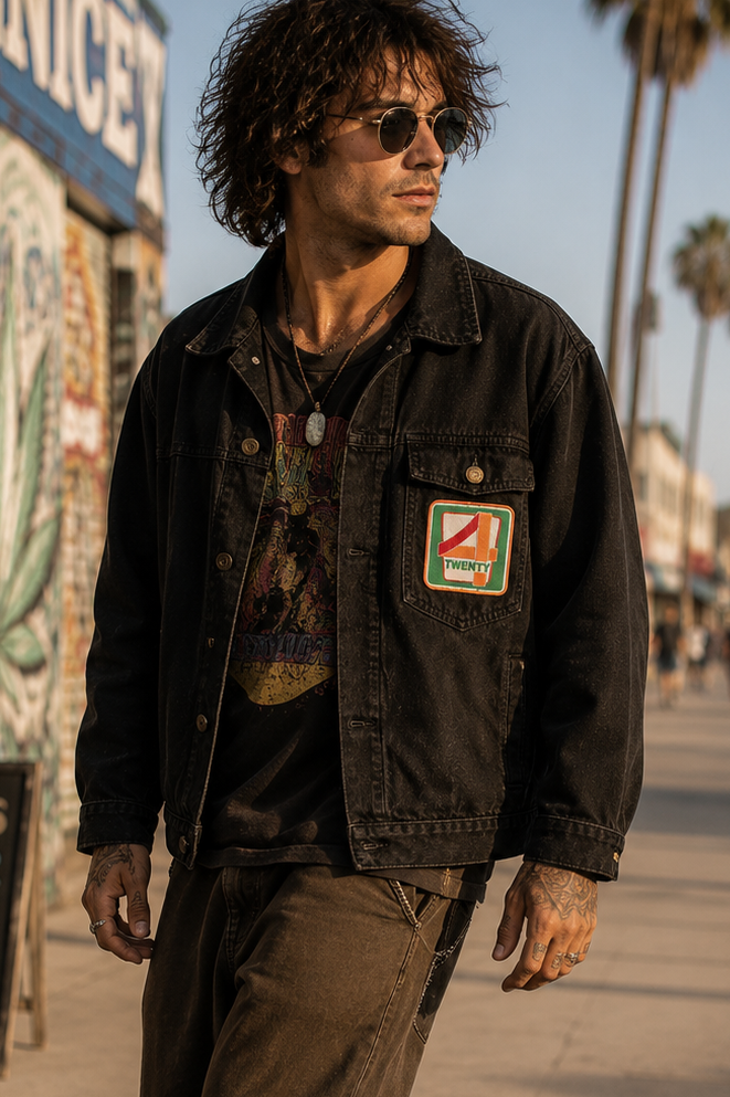 THC 420 Patch displayed on the chest pocket of a black canvas jacket worn by a skateboarder riding along a sunny beach boardwalk, featuring a retro convenience store-inspired embroidered design