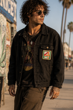 THC 420 Patch displayed on the chest pocket of a black canvas jacket worn by a skateboarder riding along a sunny beach boardwalk, featuring a retro convenience store-inspired embroidered design