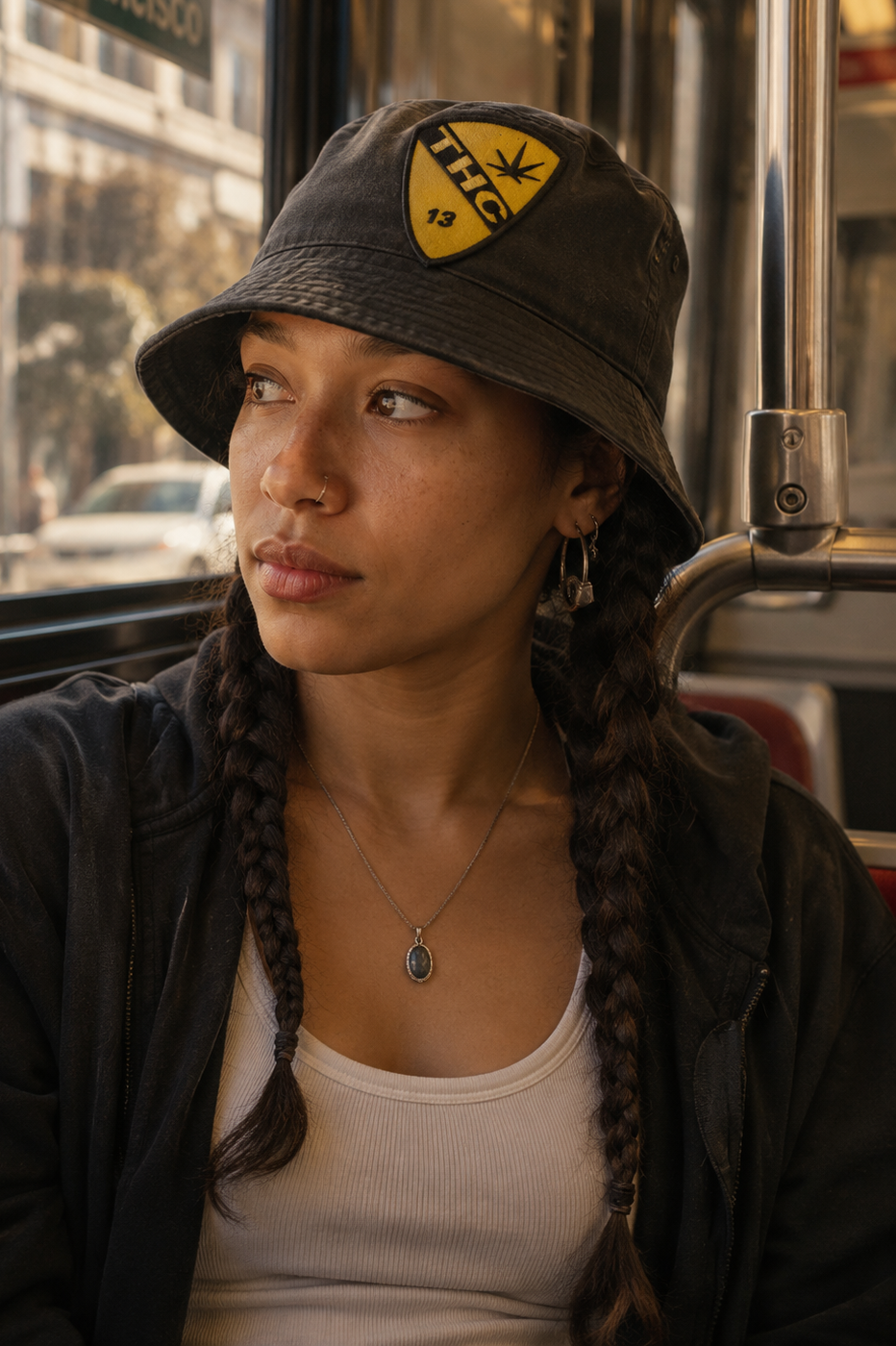 THC Air Cav Patch displayed on a faded black bucket hat worn by a young woman riding public transit in San Francisco featuring a yellow and black embroidered aviation-inspired shield with a cannabis leaf graphic