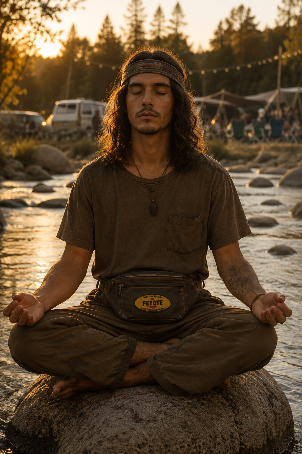 THC Peyote Patch displayed on a worn dark brown canvas hip pack worn by a young man meditating on a riverside boulder after a music festival featuring a yellow embroidered vintage desert-inspired parody label with bold black lettering