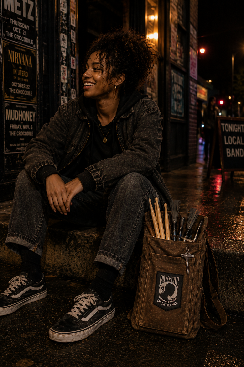THC POW Patch displayed on the front flap of a worn brown canvas drumstick bag beside a young Black drummer sitting outside an independent Seattle music venue after a show featuring the End the Drug War embroidered graphic