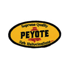 THC Peyote Patch featuring a yellow oval embroidered vintage desert-inspired parody label with bold black lettering