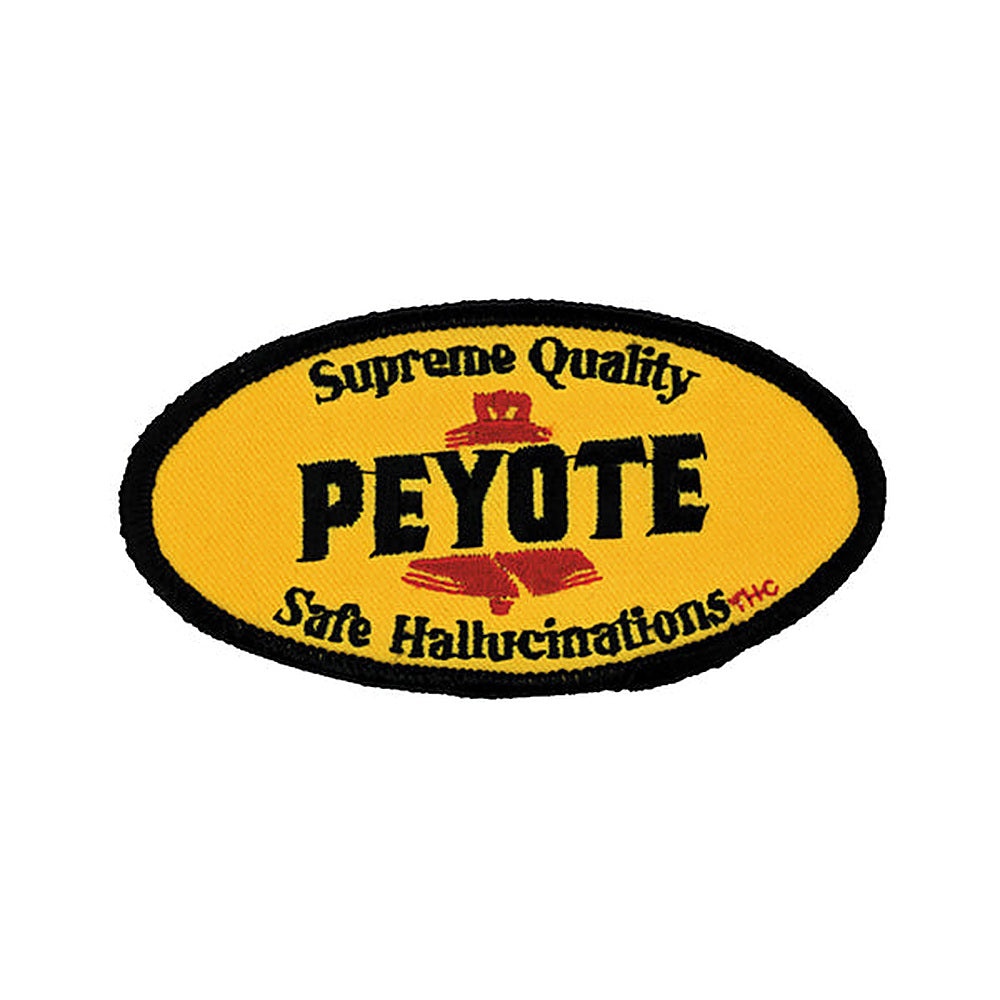 THC Peyote Patch featuring a yellow oval embroidered vintage desert-inspired parody label with bold black lettering