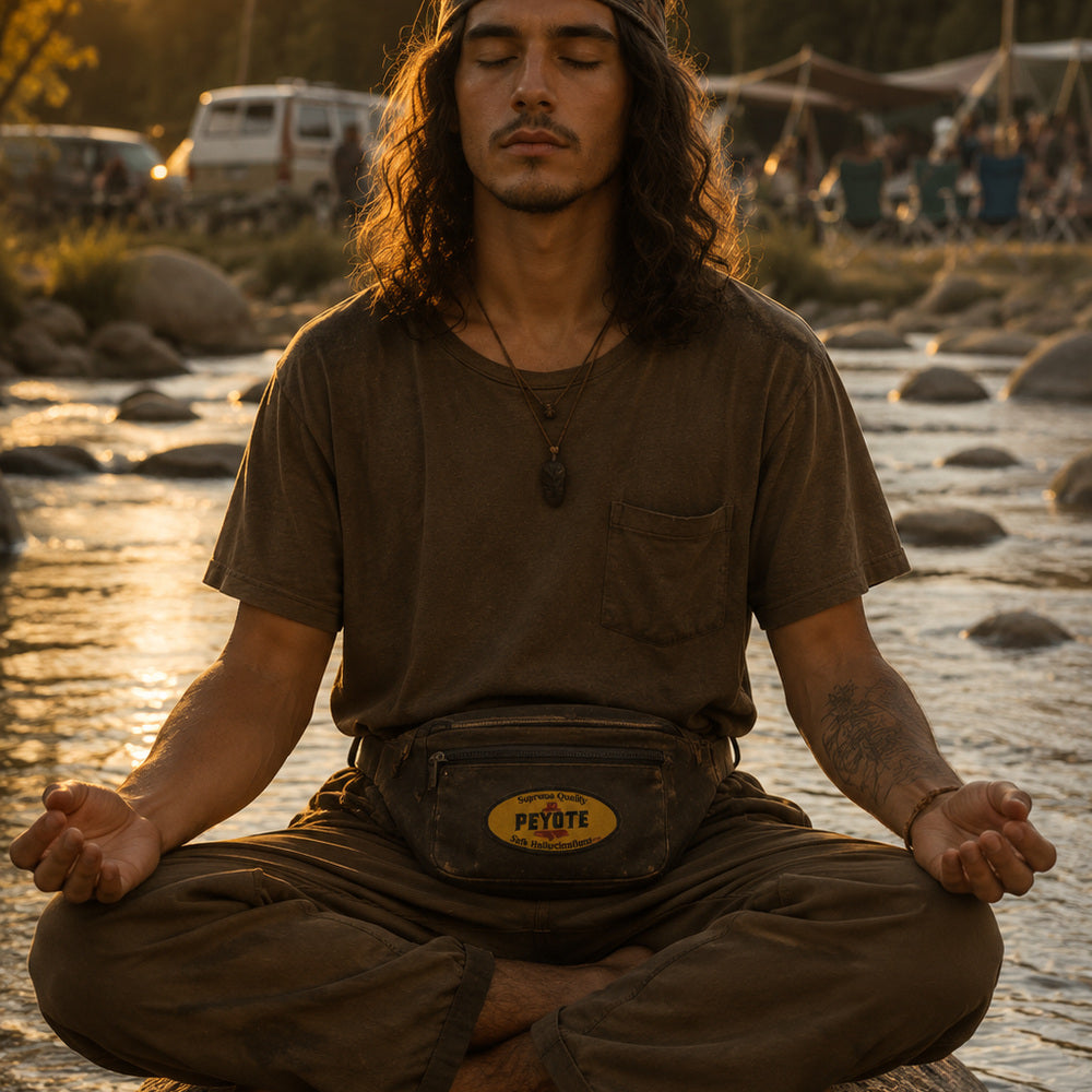THC Peyote Patch displayed on a worn dark brown canvas hip pack worn by a young man meditating on a riverside boulder after a music festival featuring a yellow embroidered vintage desert-inspired parody label with bold black lettering