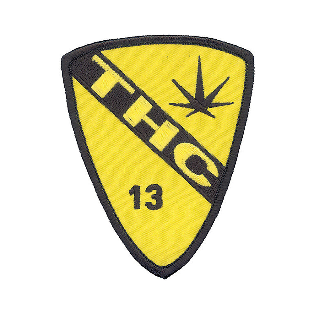 THC Air Cav Patch featuring a yellow and black embroidered aviation-inspired shield with a cannabis leaf graphic