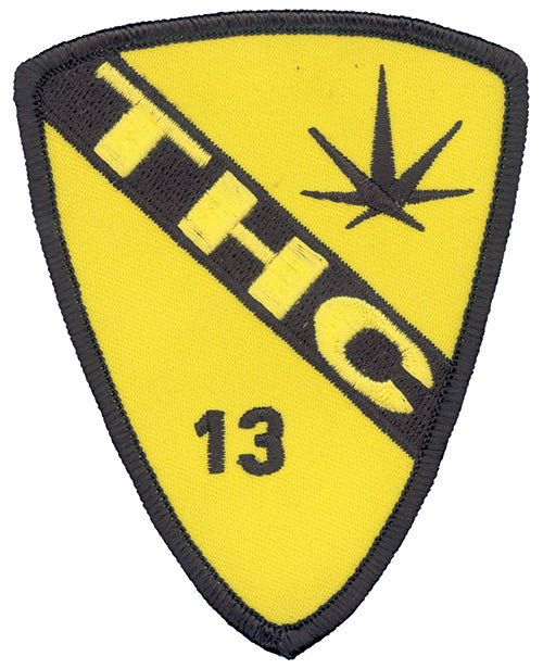 THC Air Cav Patch featuring a yellow and black embroidered aviation-inspired shield with a cannabis leaf graphic