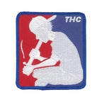 THC Basehit Patch featuring a red, white, and blue embroidered vintage baseball-inspired parody graphic