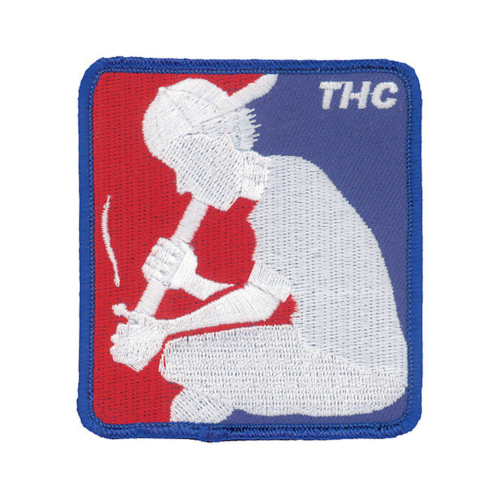 THC Basehit Patch featuring a red, white, and blue embroidered vintage baseball-inspired parody graphic