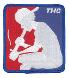 THC Basehit Patch featuring a red, white, and blue embroidered vintage baseball-inspired parody graphic