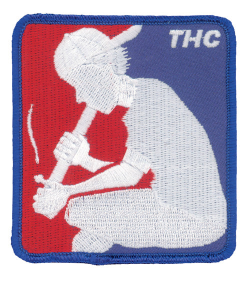 THC Basehit Patch featuring a red, white, and blue embroidered vintage baseball-inspired parody graphic