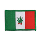 THC Mexico Flag Patch featuring a green, white, and red embroidered Mexico-inspired flag with a cannabis leaf centerpiece