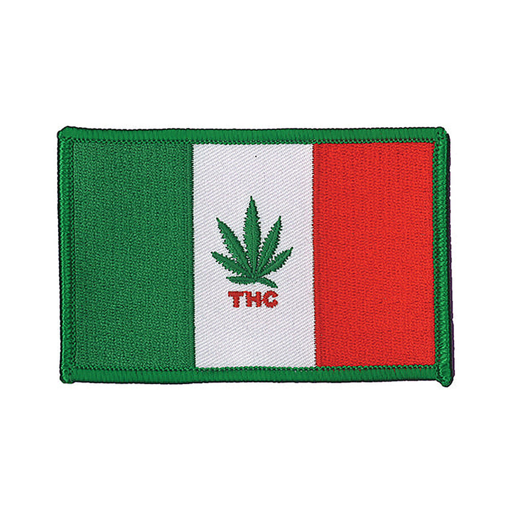 THC Mexico Flag Patch featuring a green, white, and red embroidered Mexico-inspired flag with a cannabis leaf centerpiece