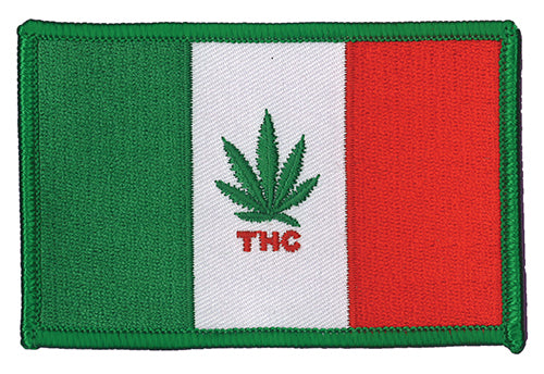 THC Mexico Flag Patch featuring a green, white, and red embroidered Mexico-inspired flag with a cannabis leaf centerpiece