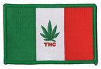THC Mexico Flag Patch featuring a green, white, and red embroidered Mexico-inspired flag with a cannabis leaf centerpiece