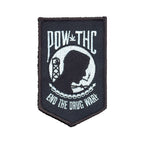 THC POW Patch featuring a black and white embroidered End the Drug War protest graphic on a shield-shaped patch
