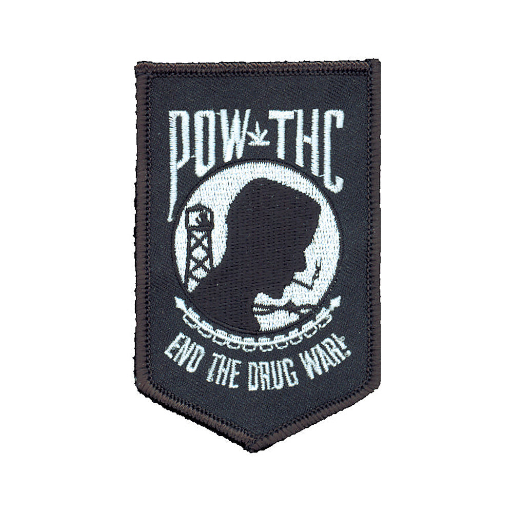THC POW Patch featuring a black and white embroidered End the Drug War protest graphic on a shield-shaped patch