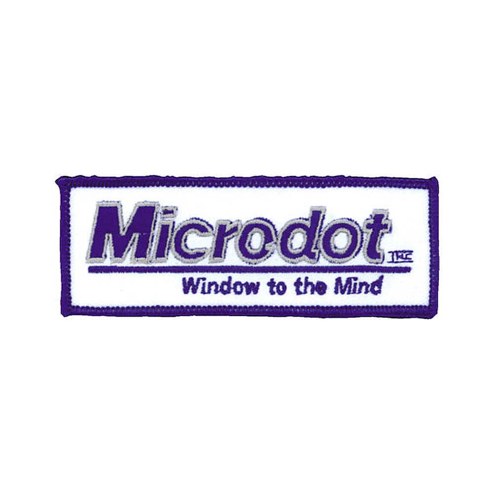 THC Microdot Patch featuring a purple and white embroidered Window to the Mind graphic on a slim rectangular patch