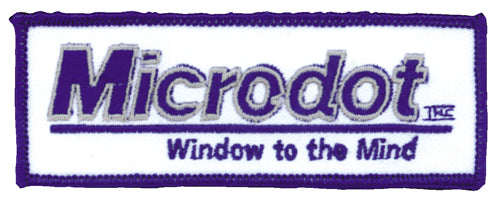 THC Microdot Patch featuring a purple and white embroidered Window to the Mind graphic on a slim rectangular patch