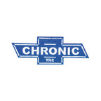 THC Chronic Patch featuring a blue and white embroidered vintage automotive-inspired graphic with bold Chronic lettering