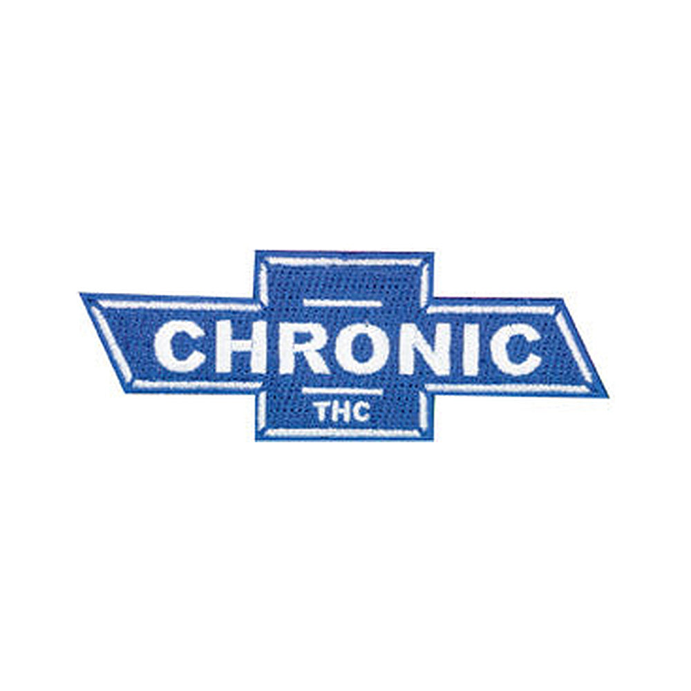 THC Chronic Patch featuring a blue and white embroidered vintage automotive-inspired graphic with bold Chronic lettering