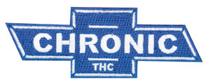 THC Chronic Patch featuring a blue and white embroidered vintage automotive-inspired graphic with bold Chronic lettering